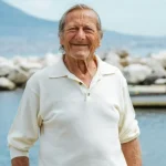Egy mosolygós idős férfi, aki boldogan sétál a szabadban a tengerpart közelében
